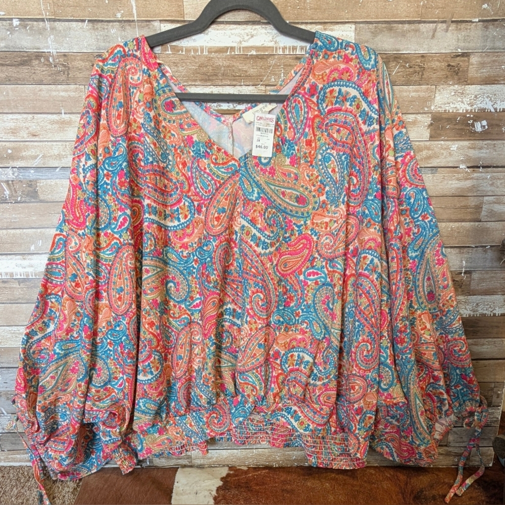 NWT Umgee + Pink/Blue Paisley Dolman Sleeves Crossover Banded Top